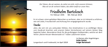 Traueranzeige von Friedhelm Bartolosch von Siegener Zeitung