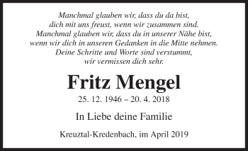 Traueranzeige von Fritz Mengel von Siegener Zeitung