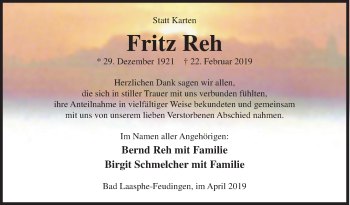 Traueranzeige von Fritz Reh von Siegener Zeitung