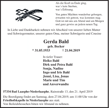 Traueranzeige von Gerda Bald von Siegener Zeitung