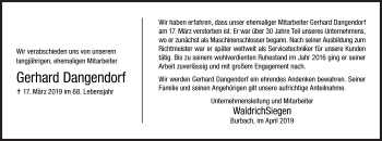 Traueranzeige von Gerhard Dangendorf von Siegener Zeitung