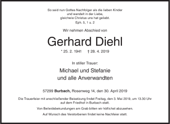 Traueranzeige von Gerhard Diehl von Siegener Zeitung