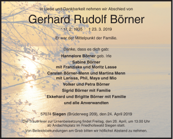 Traueranzeige von Gerhard Rudolf Börner von Siegener Zeitung