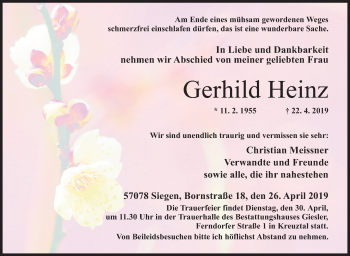 Traueranzeige von Gerhild Heinz von Siegener Zeitung