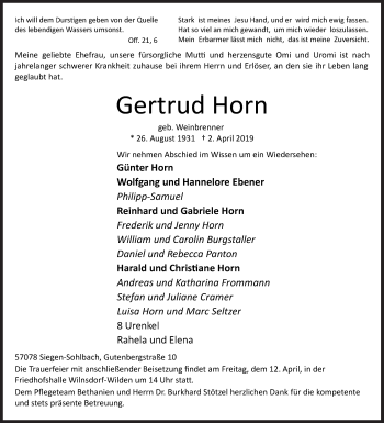 Traueranzeige von Gertrud Horn von Siegener Zeitung