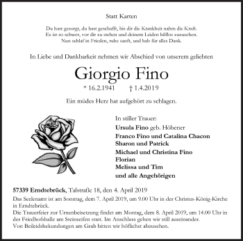 Traueranzeige von Giorgio Fino von Siegener Zeitung