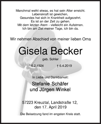 Traueranzeige von Gisela Becker von Siegener Zeitung
