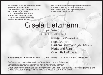 Traueranzeige von Gisela Lietzmann von Siegener Zeitung