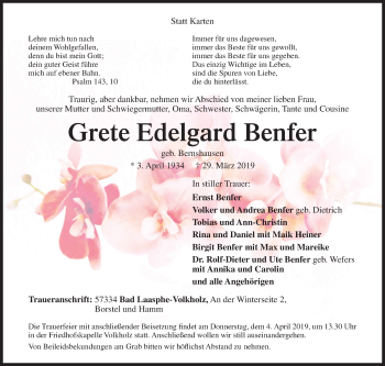 Traueranzeige von Grete Edelgard Benfer von Siegener Zeitung