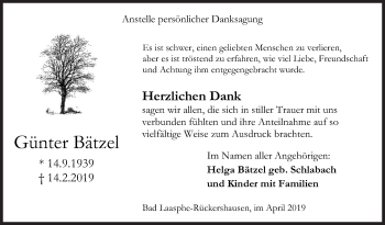 Traueranzeige von Günter Bätzel von Siegener Zeitung