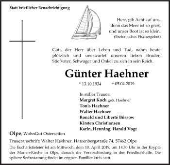 Traueranzeige von Günter Haehner von Siegener Zeitung