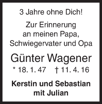 Traueranzeige von Günter Wagener von Siegener Zeitung