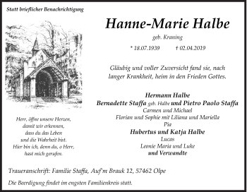 Traueranzeige von Hanne-Marie Halbe von Siegener Zeitung