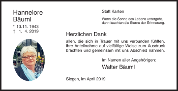Traueranzeige von Hannelore Bäuml von Siegener Zeitung