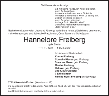 Traueranzeige von Hannelore Freiberg von Siegener Zeitung