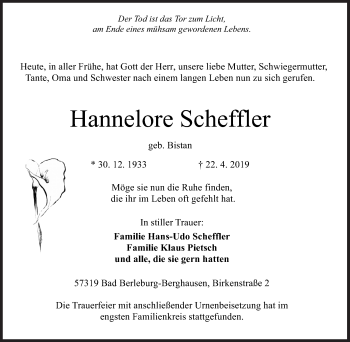Traueranzeige von Hannelore Scheffler von Siegener Zeitung