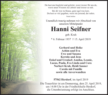 Traueranzeige von Hanni Seifner von Siegener Zeitung