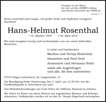 Traueranzeige von Hans-Helmut Rosenthal von Siegener Zeitung