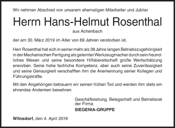 Traueranzeige von Hans-Helmut Rosenthal von Siegener Zeitung