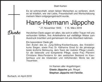 Traueranzeige von Hans-Hermann Jäppche von Siegener Zeitung