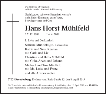Traueranzeige von Hans Horst Mühlfeld von Siegener Zeitung