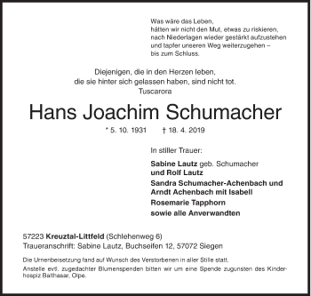 Traueranzeige von Hans Joachim Schumacher von Siegener Zeitung