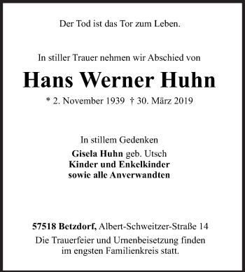 Traueranzeige von Hans Werner Huhn von Siegener Zeitung