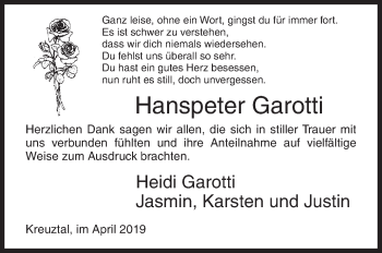 Traueranzeige von Hanspeter Garotti von Siegener Zeitung
