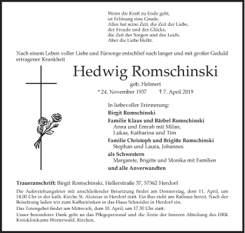Traueranzeige von Hedwig Romschinski von Siegener Zeitung