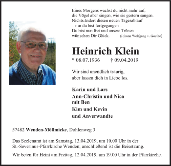Traueranzeige von Heinrich Klein von Siegener Zeitung