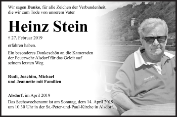 Traueranzeige von Heinz Stein von Siegener Zeitung