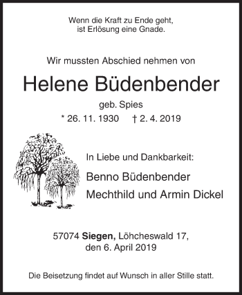 Traueranzeige von Helene Büdenbender von Siegener Zeitung