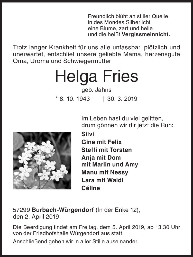  Traueranzeige für Helga Fries vom 02.04.2019 aus Siegener Zeitung