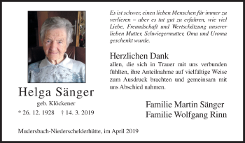 Traueranzeige von Helga Sänger von Siegener Zeitung
