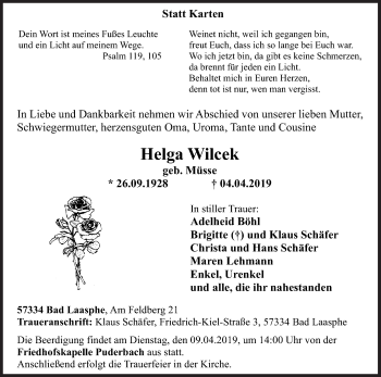 Traueranzeige von Helga Wilcek von Siegener Zeitung