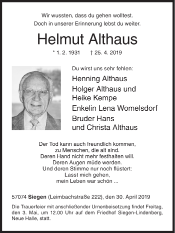 Traueranzeige von Helmut Althaus von Siegener Zeitung