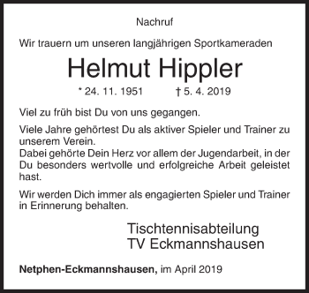 Traueranzeige von Helmut Hippler von Siegener Zeitung