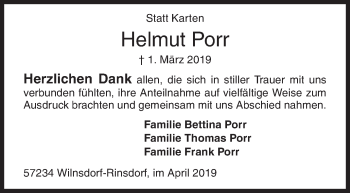 Traueranzeige von Helmut Porr von Siegener Zeitung