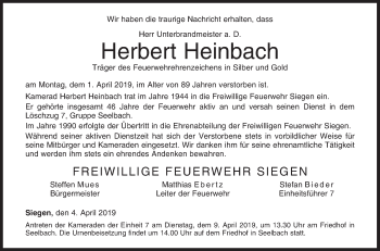 Traueranzeige von Herbert Heinbach von Siegener Zeitung