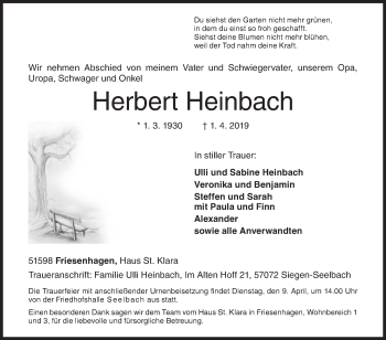 Traueranzeige von Herbert Heinbach von Siegener Zeitung