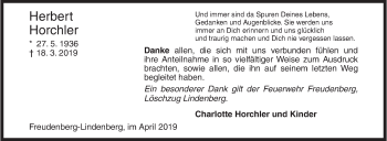 Traueranzeige von Herbert Horchler von Siegener Zeitung