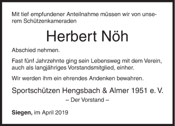 Traueranzeige von Herbert Nöh von Siegener Zeitung