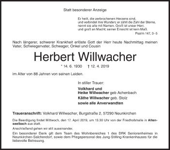 Traueranzeige von Herbert Willwacher von Siegener Zeitung
