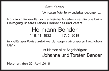 Traueranzeige von Hermann Bender von Siegener Zeitung