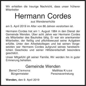 Traueranzeige von Hermann Cordes von Siegener Zeitung