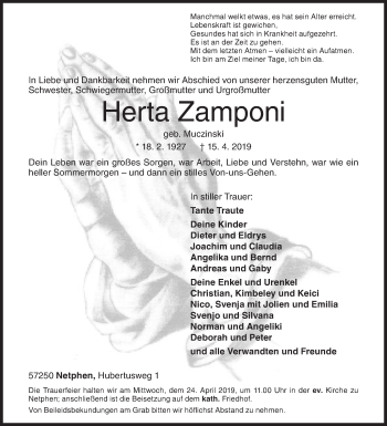 Traueranzeige von Herta Zamponi von Siegener Zeitung