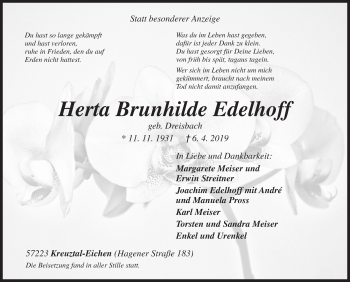 Traueranzeige von Herta Brunhilde Edelhoff von Siegener Zeitung