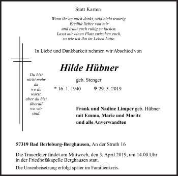 Traueranzeige von Hilde Hübner von Siegener Zeitung