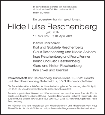 Traueranzeige von Hilde Luise Fleschenberg von Siegener Zeitung