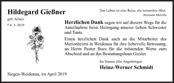 Traueranzeige von Hildegard Gießner von Siegener Zeitung